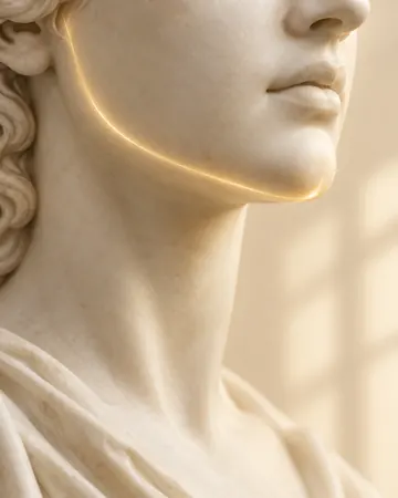 Escultura com luz dourada suave na linha da mandíbula e no queixo