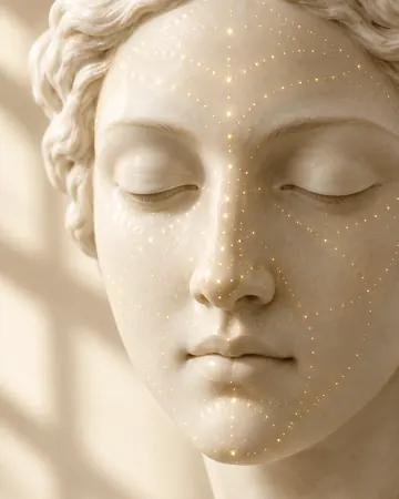 Escultura com trama fina de luz dourada no nariz e na testa