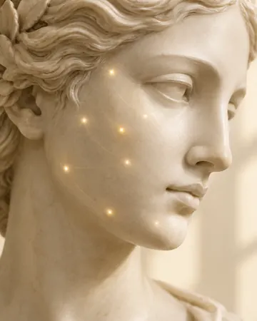 Escultura com pontos de luz dourada suave na bochecha