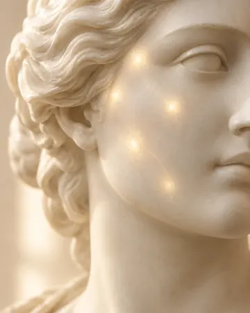 Escultura com manchas de luz dourada esmaecendo na bochecha