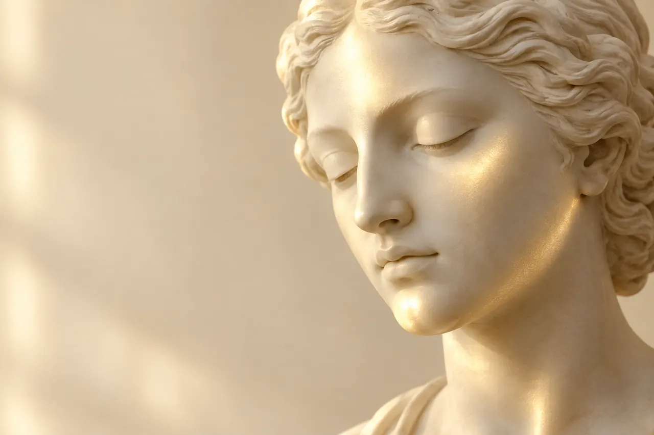 Escultura clássica de mármore com uma luz dourada suave e uniforme sobre a pele do rosto (imagem ilustrativa)