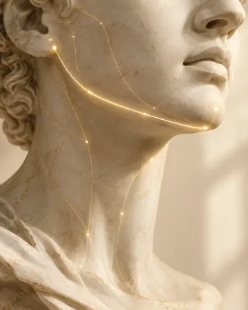 Escultura com linha dourada no contorno da mandíbula
