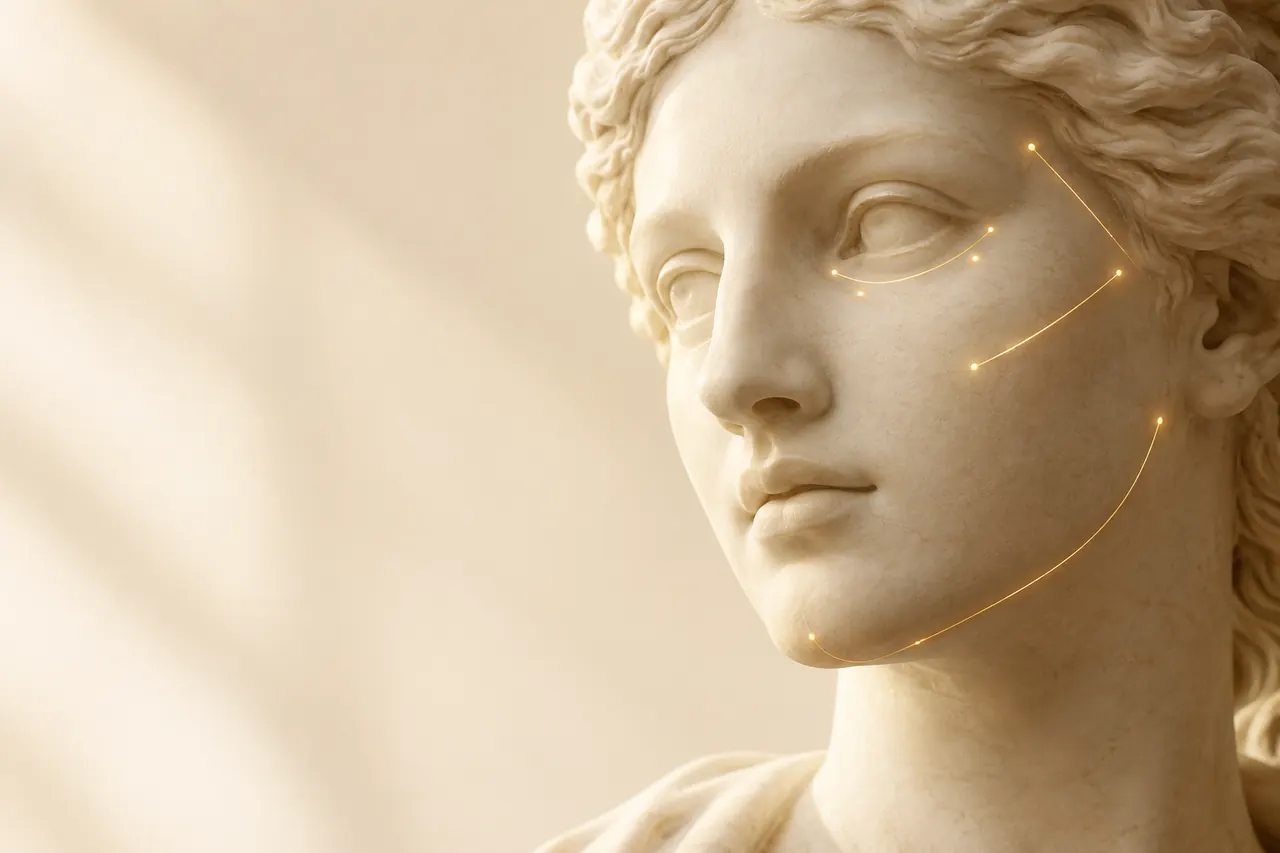 Escultura clássica de mármore com pontos de luz dourada nas olheiras, nas maçãs do rosto e no contorno do rosto (imagem ilustrativa)