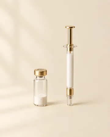 Frasco com pó e seringa com gel, em mármore e dourado