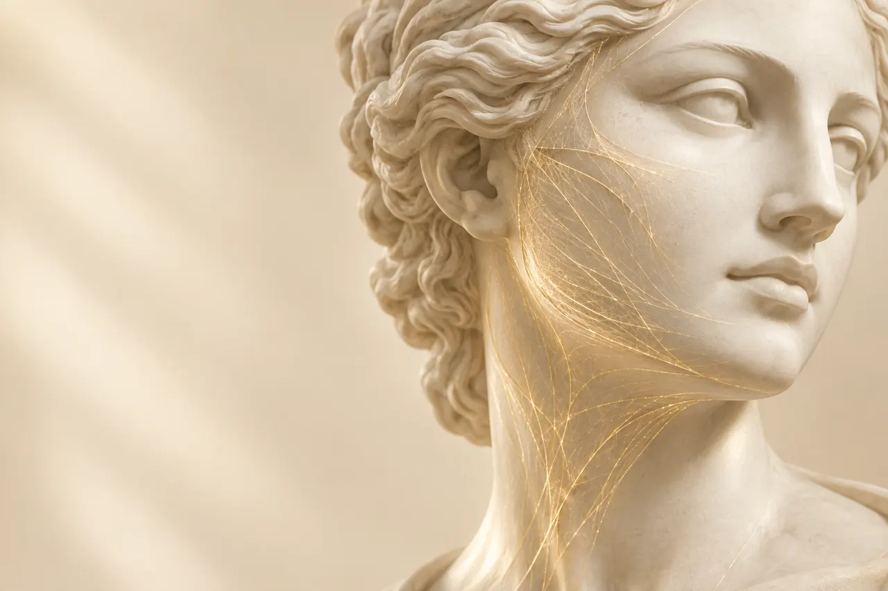 Escultura clássica de mármore com uma trama de fibras de luz dourada sob a pele do rosto (imagem ilustrativa)