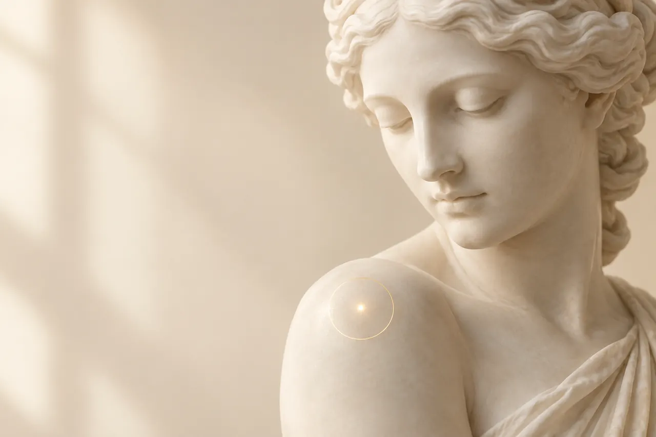 Escultura clássica de mármore com um único ponto de luz dourada sobre a pele (imagem ilustrativa)