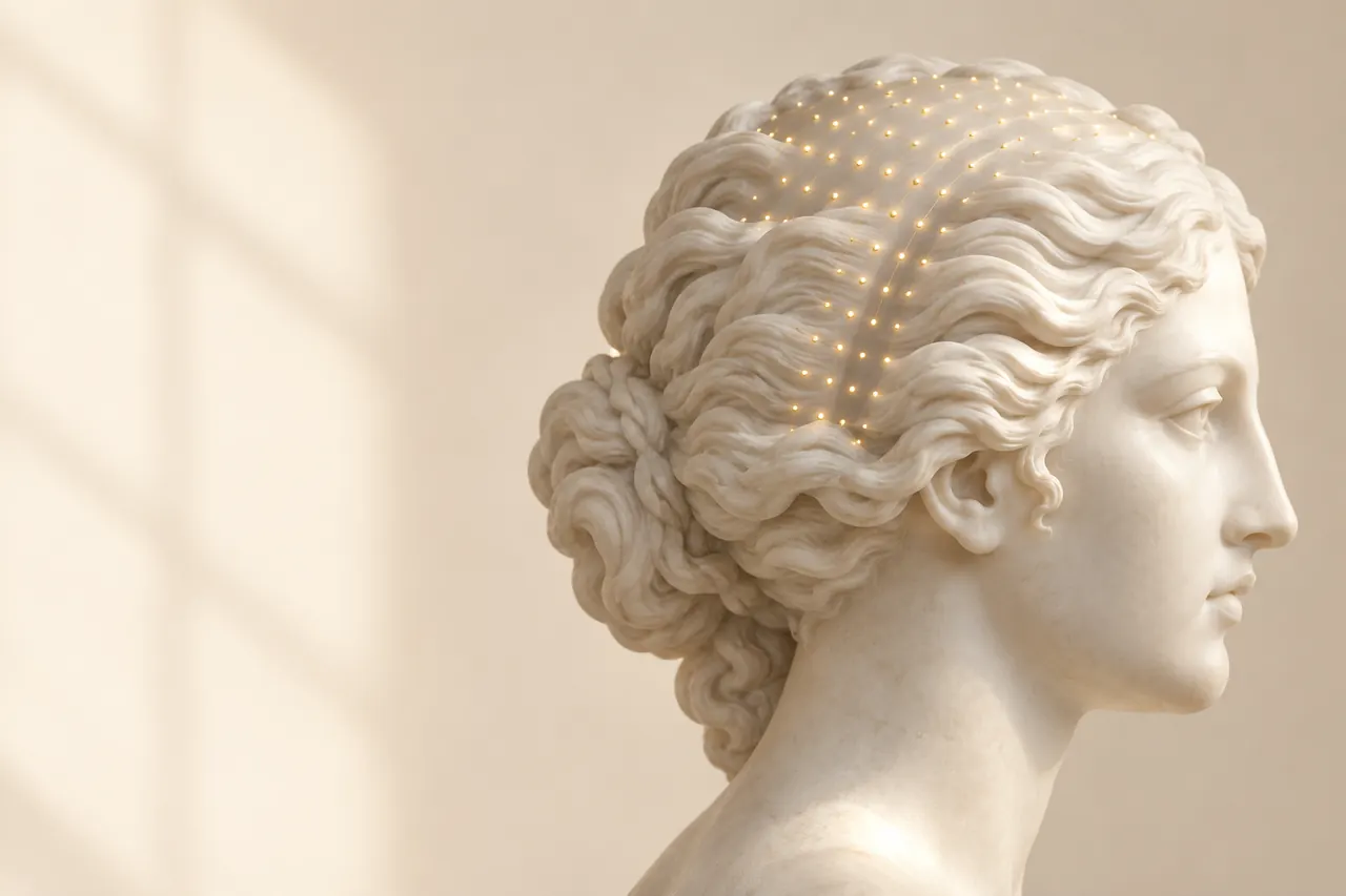 Escultura clássica de mármore vista de lado, com pequenos pontos de luz dourada no couro cabeludo e nos cabelos (imagem ilustrativa)