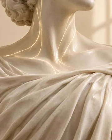 Escultura com linhas de luz dourada no pescoço e no colo