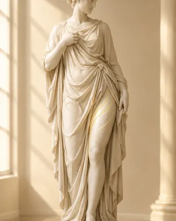Estátua com manto e linhas de luz dourada na coxa, sobre o tecido