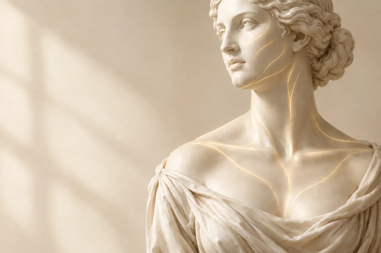 Estátua clássica de mármore com manto e linhas de luz dourada suave sobre o braço (imagem ilustrativa)