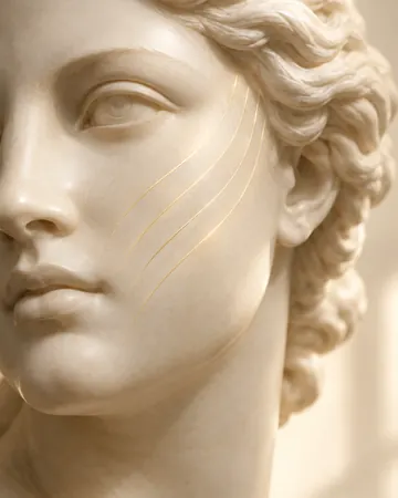 Escultura com linhas douradas subindo pelas maçãs do rosto