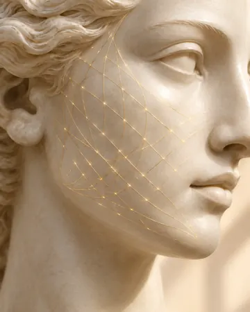 Escultura com uma rede de linhas douradas na bochecha