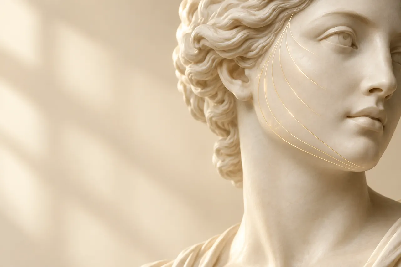 Escultura clássica de mármore com finas linhas de luz dourada subindo pela lateral do rosto (imagem ilustrativa)