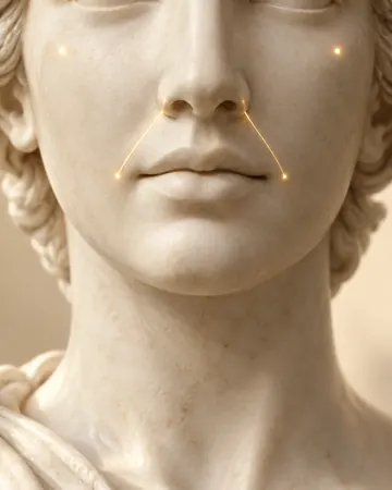Escultura com linhas douradas do nariz aos cantos da boca