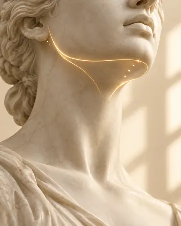Escultura com linhas douradas sob o queixo e no pescoço