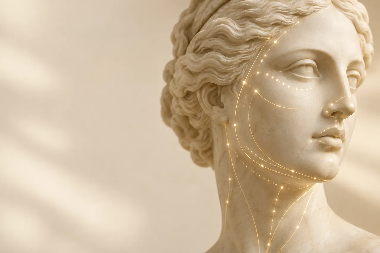 Escultura clássica de mármore com linhas de luz dourada nas olheiras, nas maçãs do rosto, no nariz, nos lábios, no queixo, na mandíbula e no pescoço (imagem ilustrativa)