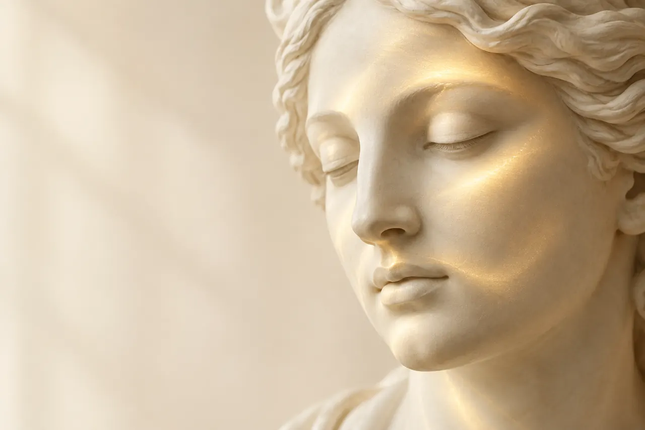 Escultura clássica de mármore com uma luz dourada suave e uniforme sobre a pele do rosto (imagem ilustrativa)