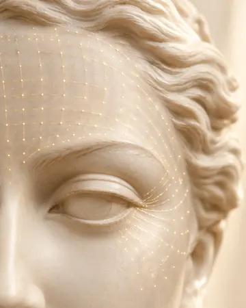 Escultura com pontos dourados na testa e em volta dos olhos