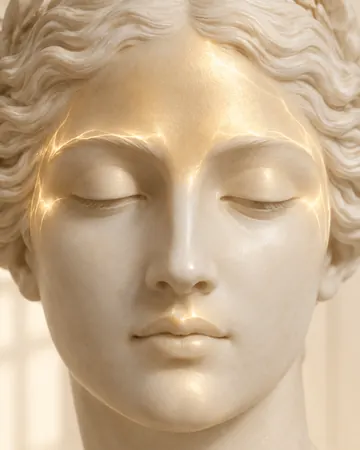 Escultura com brilho dourado suave na testa e no buço