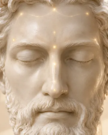 Escultura com pontos de luz dourada na testa e no nariz