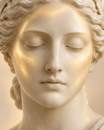 Escultura com um brilho dourado calmo sobre a testa e as bochechas