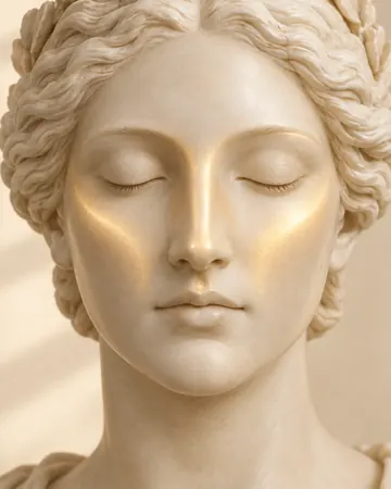 Escultura com brilho dourado suave nas maçãs do rosto