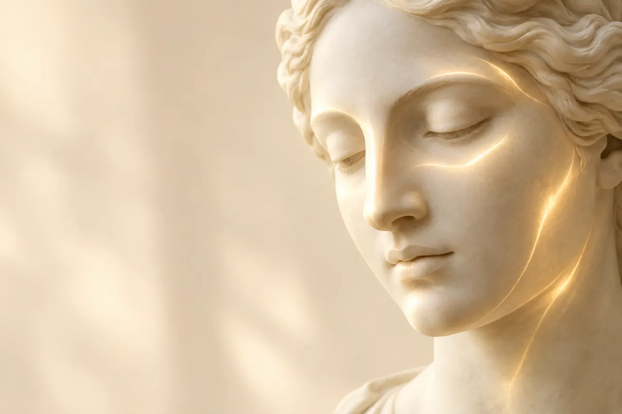 Escultura clássica de mármore com um brilho dourado suave e calmo sobre as maçãs do rosto (imagem ilustrativa)