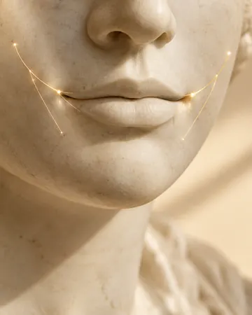 Escultura com linhas douradas nos cantos da boca