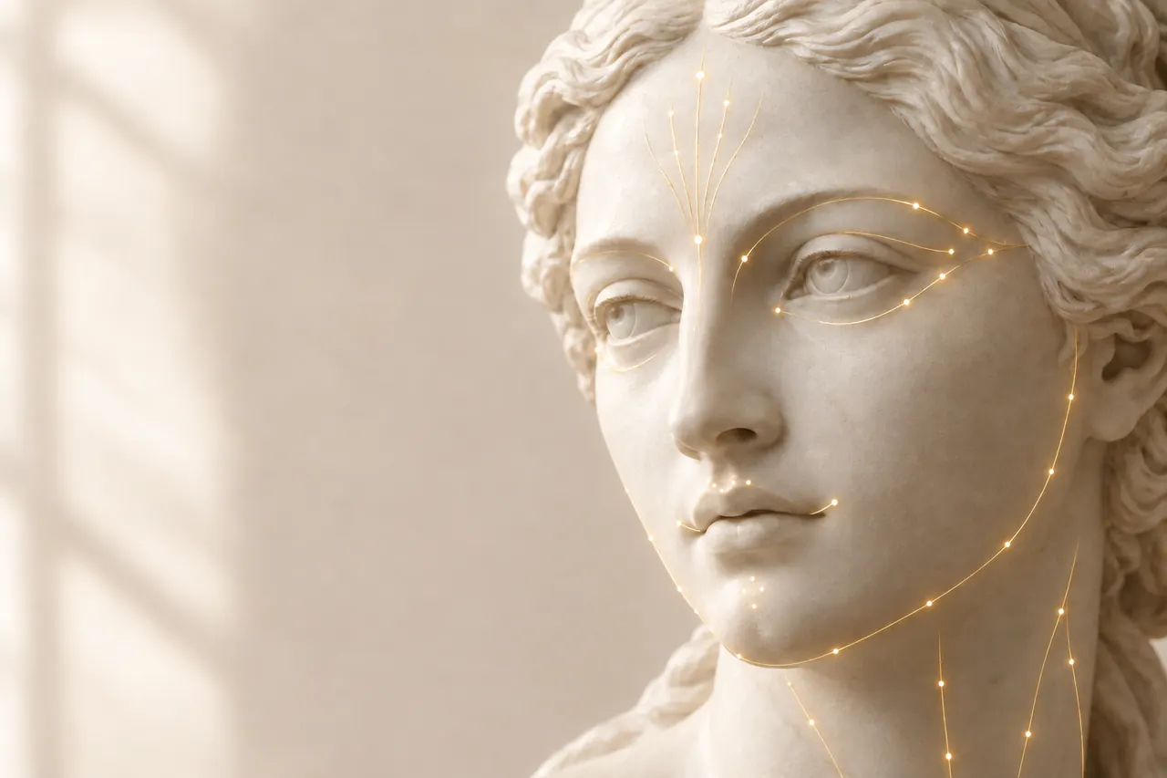 Escultura clássica de mármore com linhas de luz dourada na testa, entre as sobrancelhas e no canto dos olhos (imagem ilustrativa)