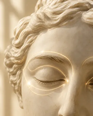 Escultura com linhas douradas ao redor dos olhos